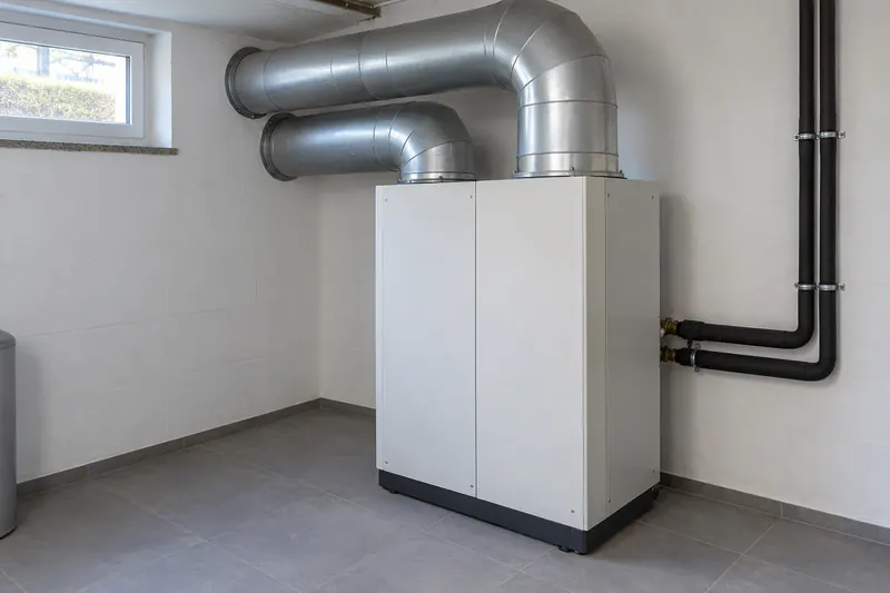 Monoblock-Wärmepumpe mit Innenaufstellung und Luftkanälen im Keller